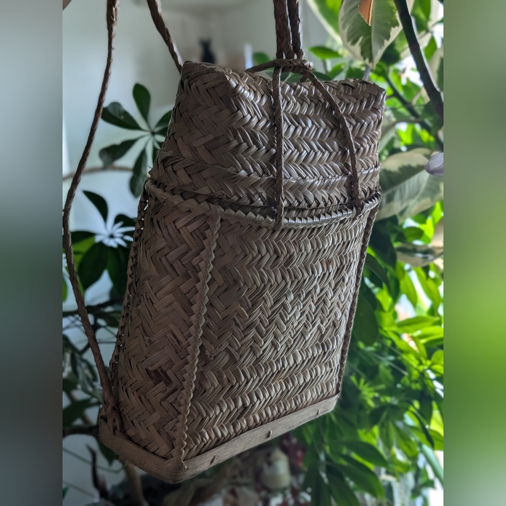 Vintage Woven Wicker and Wood Backpack Gathering Basket